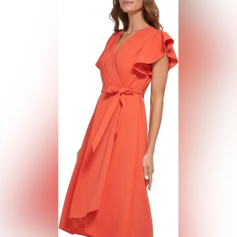 DKNY Coral Orange Midi Wrap Dress